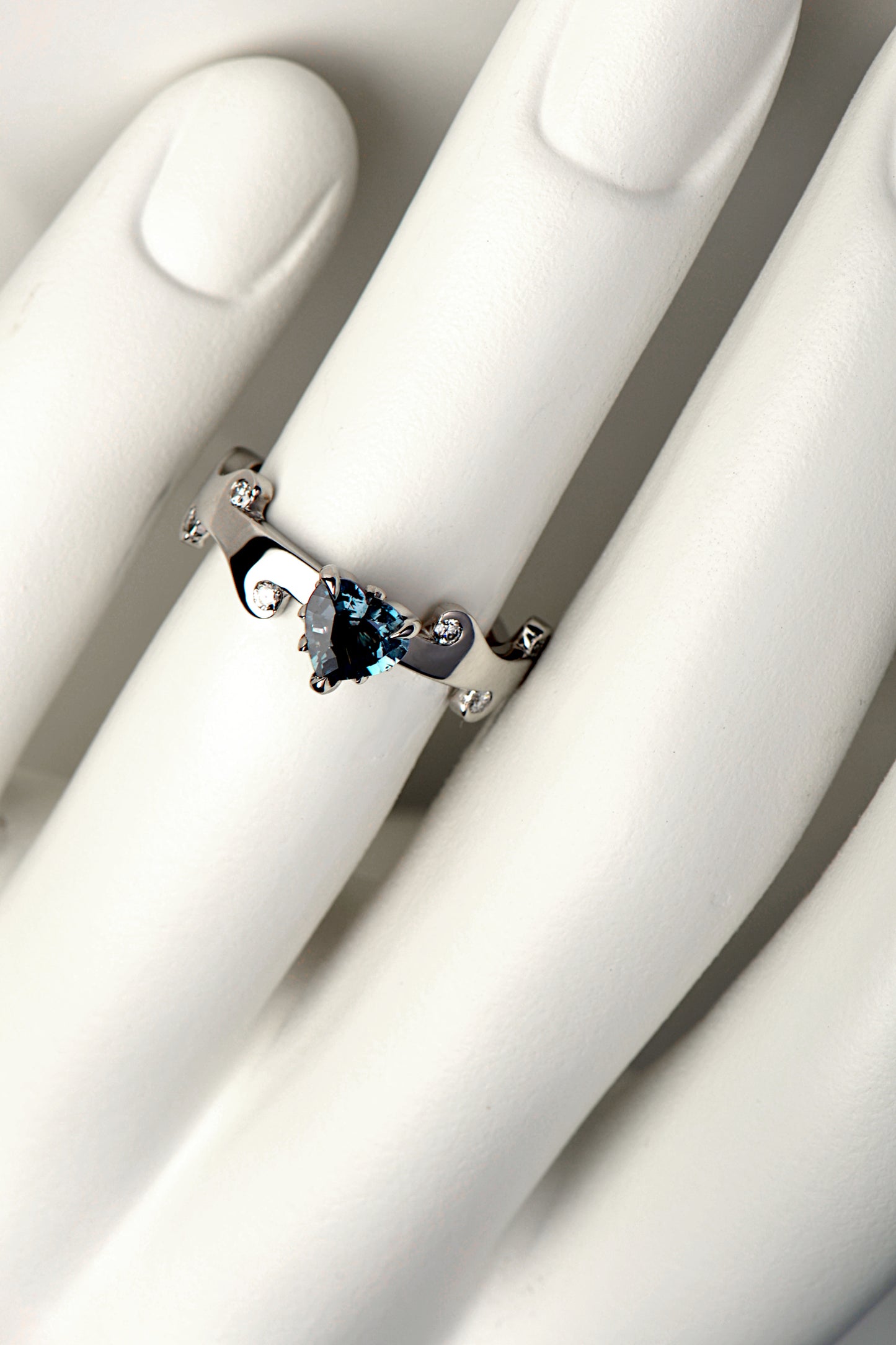 real colour change alexandrite platinum and diamond engagement ring that is one of a kind and extremely rare by Christine Sadler