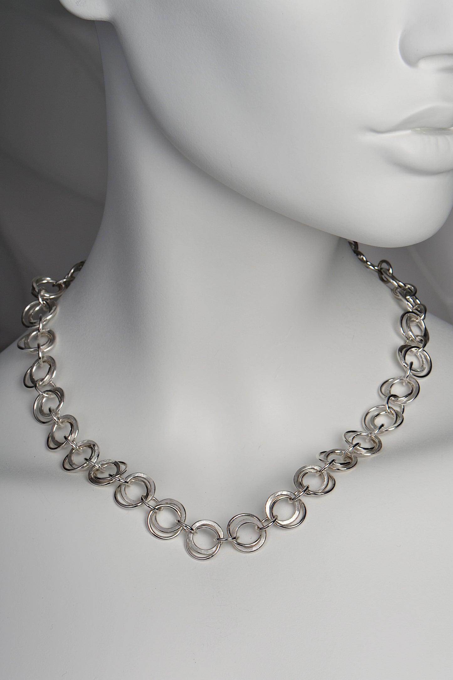 real silver designer handmade silver circle necklace with matt and polished links