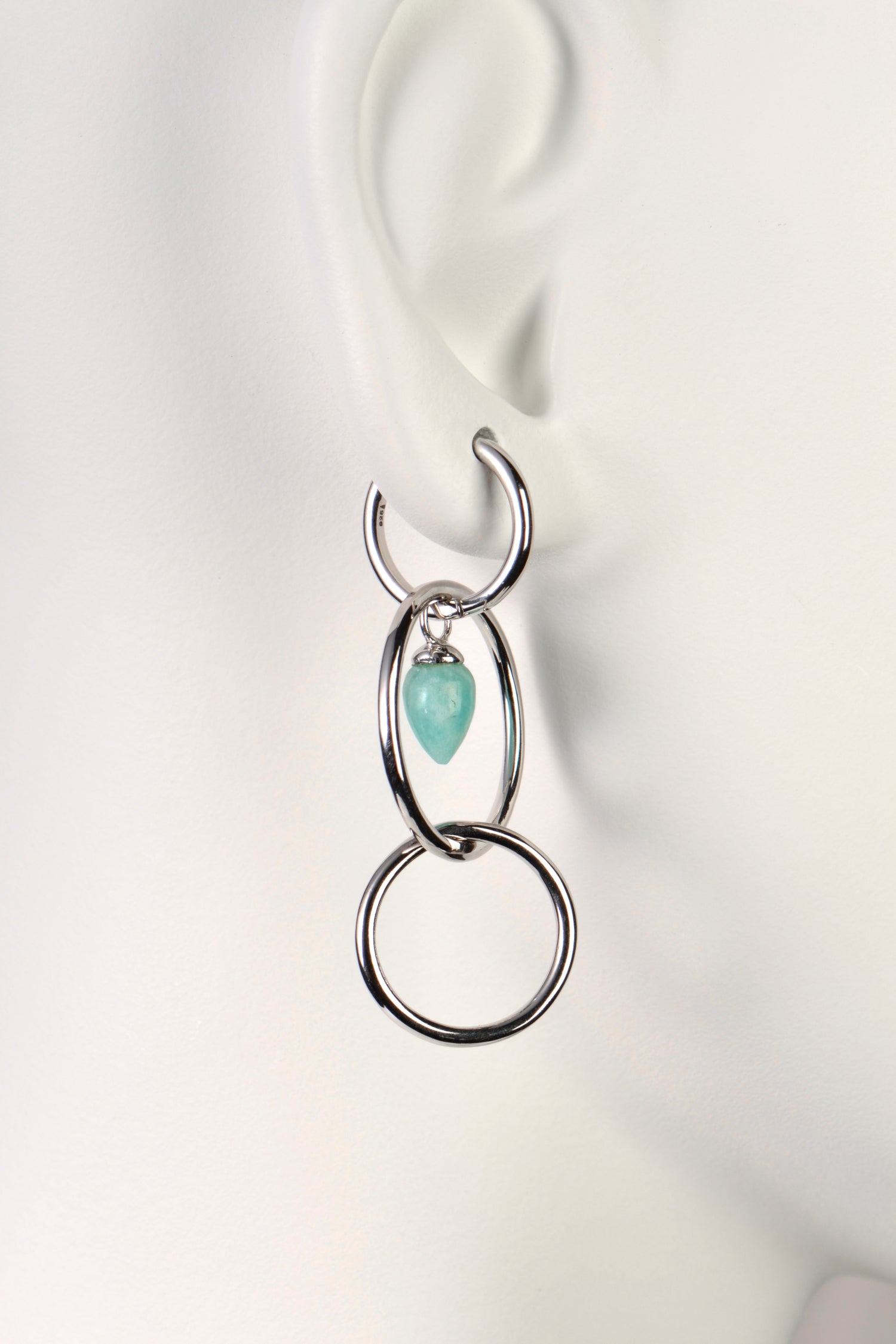 long drop circle hoop earrings with amazonite gemstone which is turquoise in colour from jewellery designer Jorge Revilla
