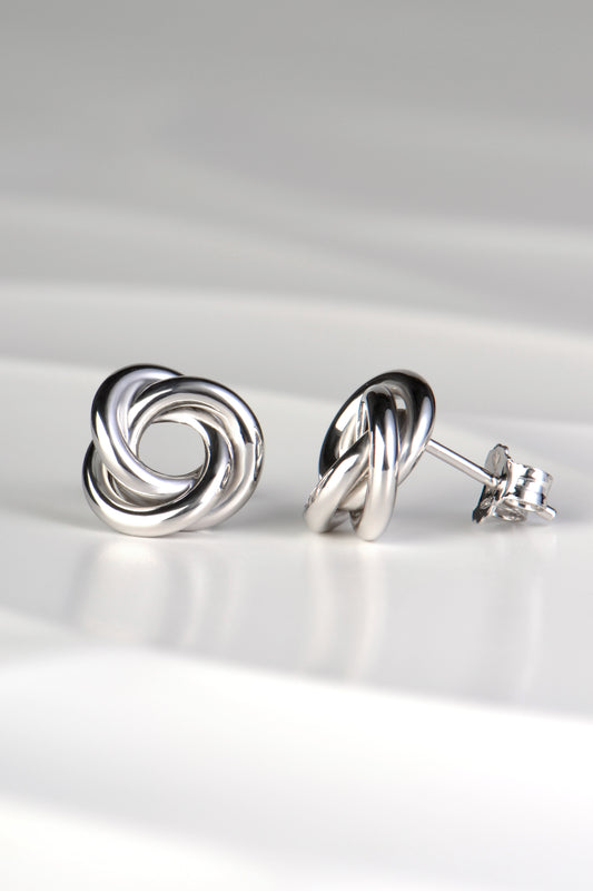 modern silver knot stud earrings with posts and scroll backs from Christine Sadler