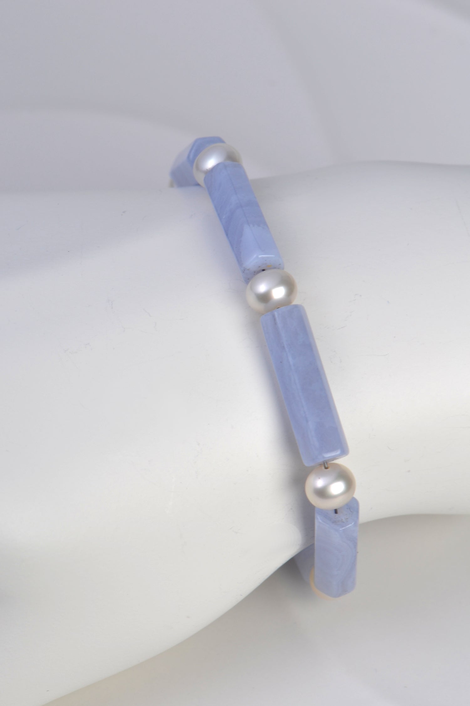 blue lace agate and pearl designer bracelet with silver adjustable clasp