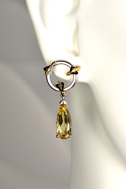large platinum bee earrings with honey coloured yellow beryl teardrop gemstones that hang long