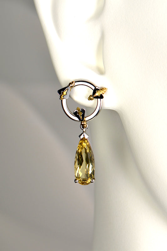 large platinum bee earrings with honey coloured yellow beryl teardrop gemstones that hang long