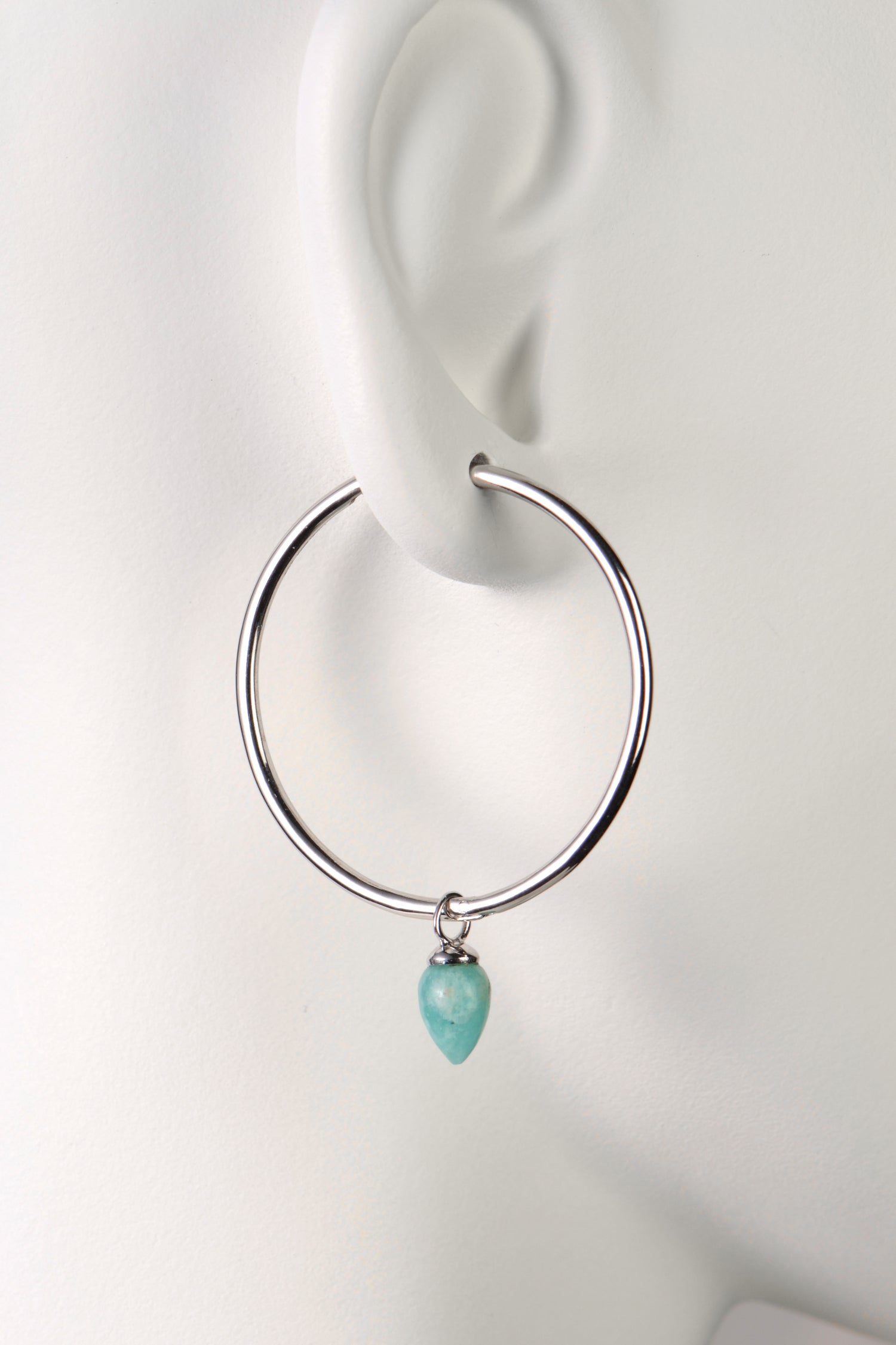 large silver hoop earrings for women with real gemstones. This one has amazonite which is a turquoise coloured gemstone