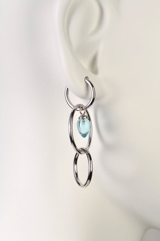 interlocking circle silver designer long drop earrings with blue topaz from jewellery designer Jorge Revilla