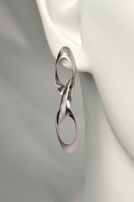 Modern Long Drop Brushed Finish Silver Earring