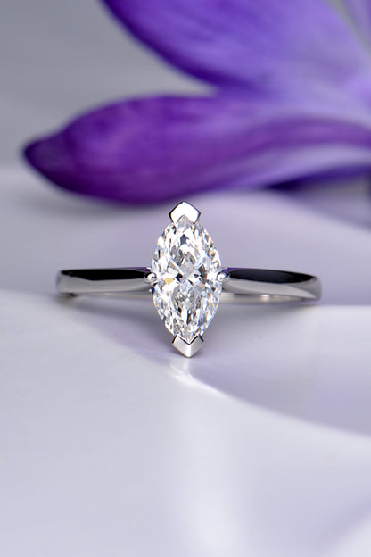 High quality one carat marquise diamond ring in platinum made in the UK