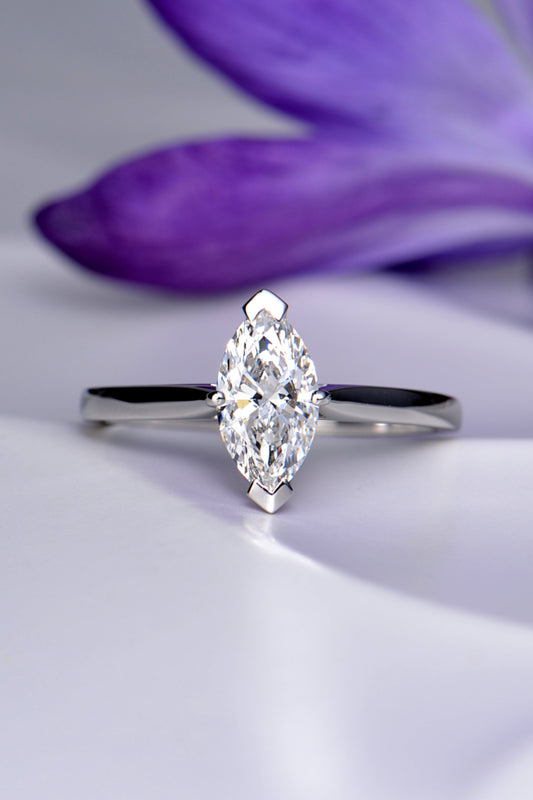 High quality one carat marquise diamond ring in platinum made in the UK