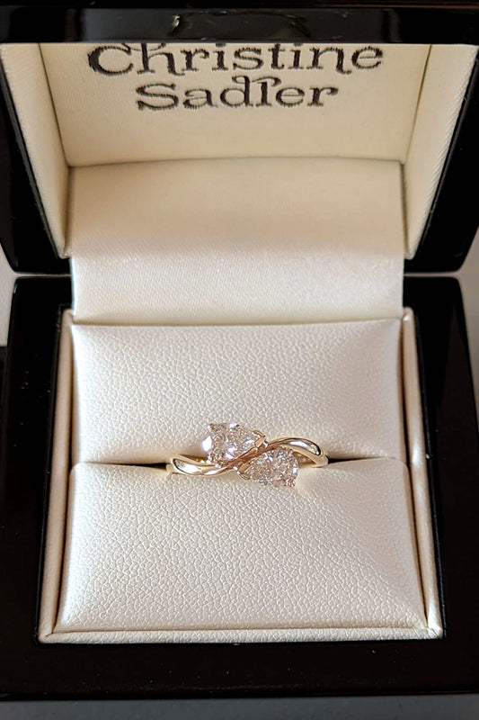 0.68ct pear cut lab diamond moi et toi ring in 9ct gold with wave band and protective corner claws in Christine Sadler box