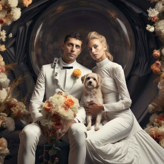 image of a stylish quirky modern couple with a dog on their wedding day. Groom is holding the bouquet of flowers and the bride is holding a small dog