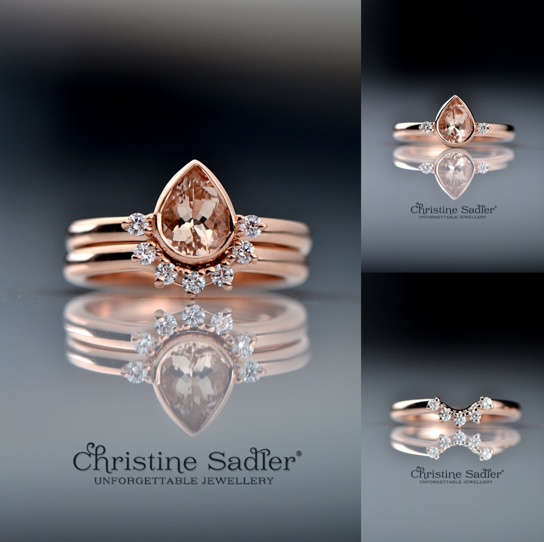 a montage of a rose gold morganite and diamond bridal set showing the wedding and engagement ring together and separately - Christine Sadler