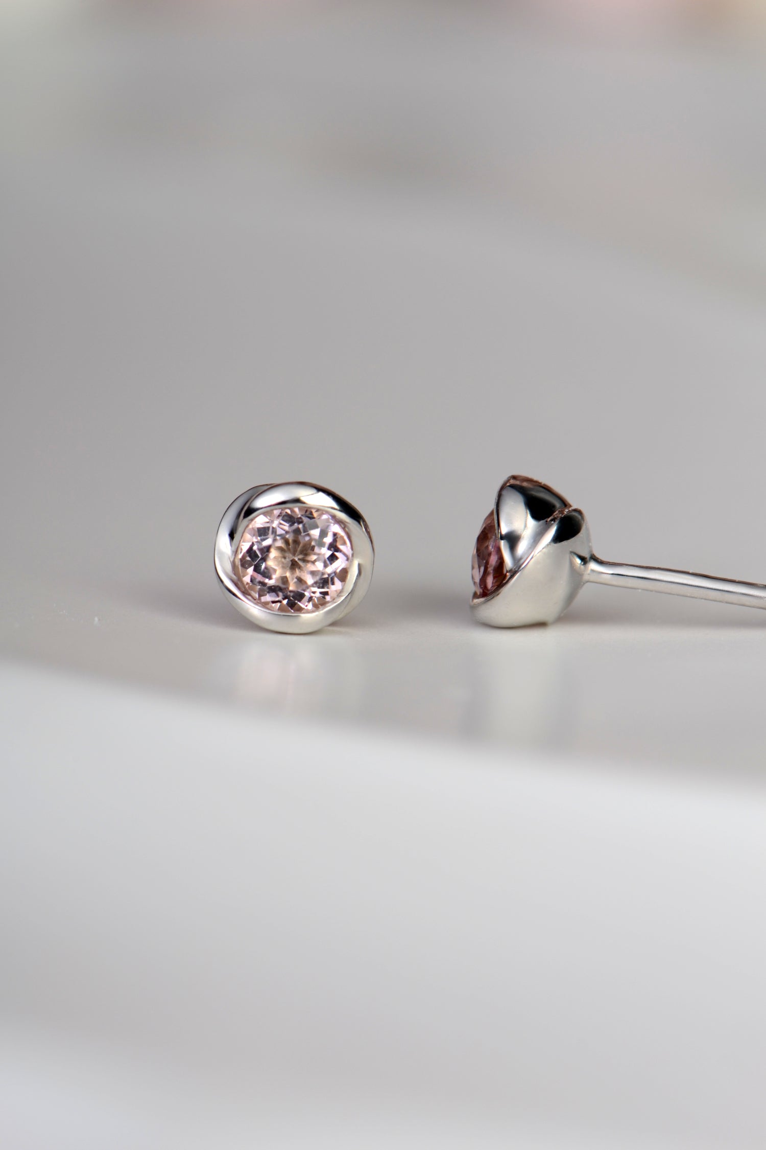 petite morganite earrings in a rosebud design