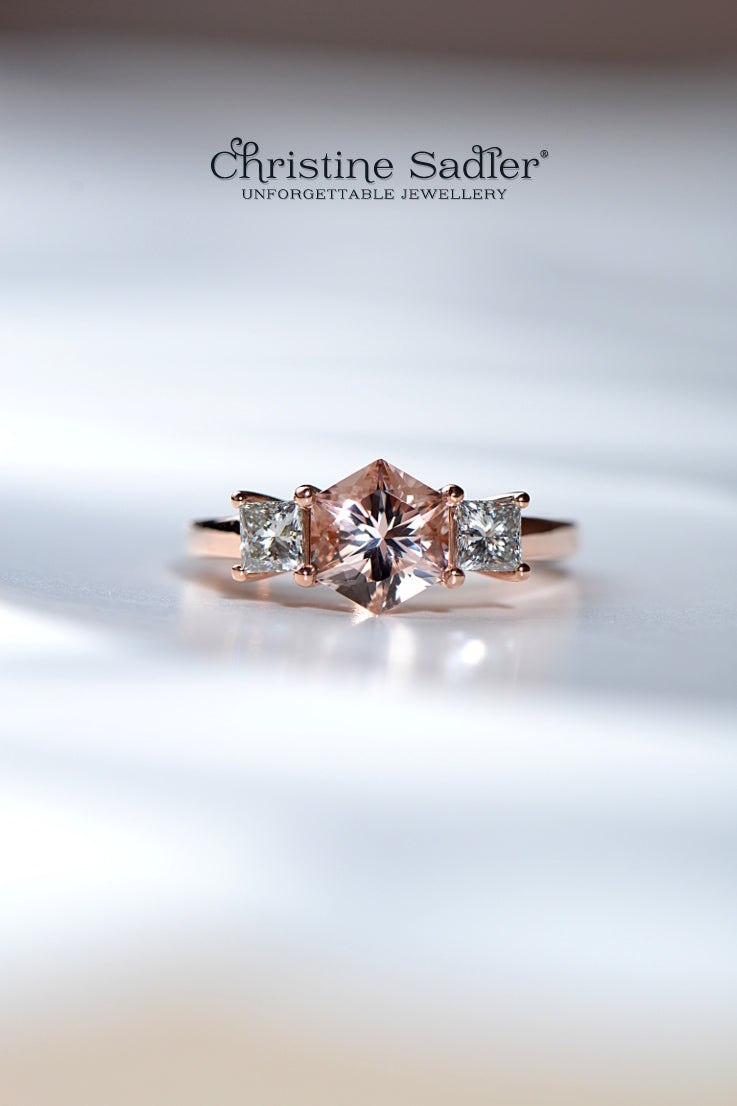 one-of-a-kind three stone rose gold engagement ring set with a large hexagonal morganite and two white princess cut diamonds - Christine Sadler