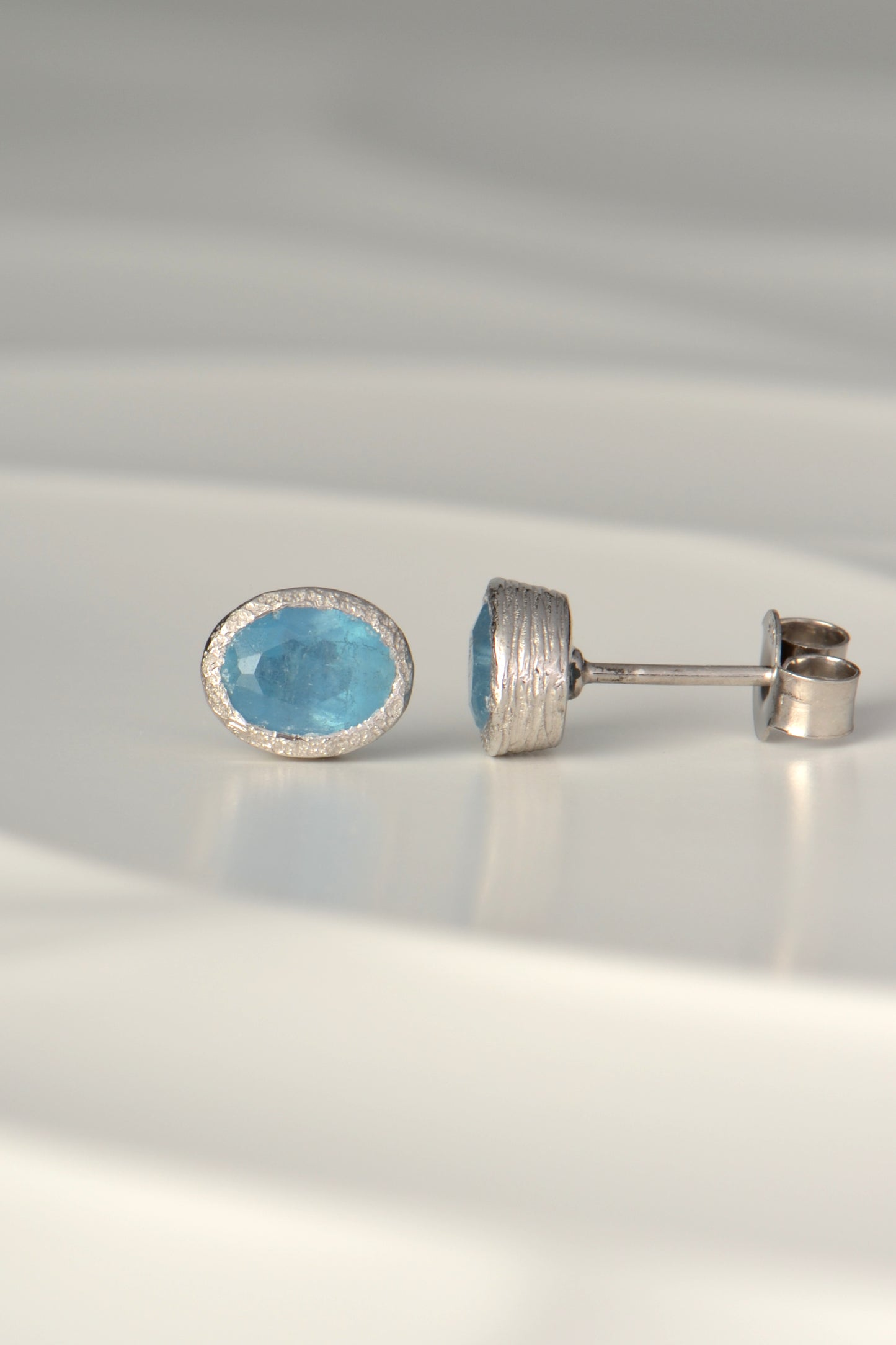 handmade silver and aquamarine stud earrings with a unique and special texture