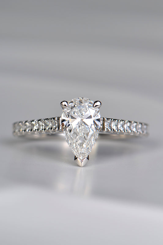 high quality pear cut diamond engagement ring available in lab grown or mined diamonds