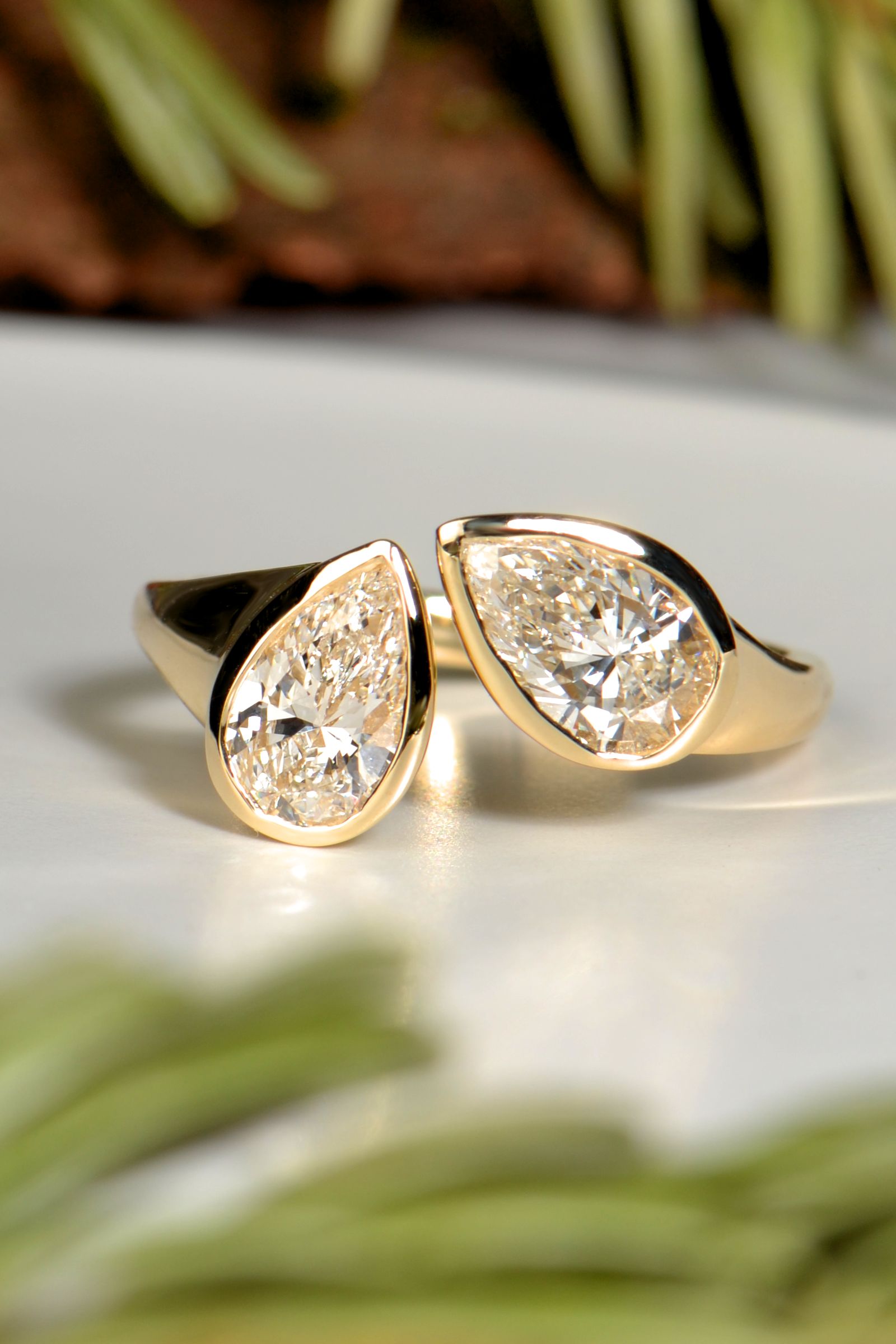 18ct yellow gold engagement ring with two pear cut diamonds in a one-of-a-kind commission from Christine Sadler