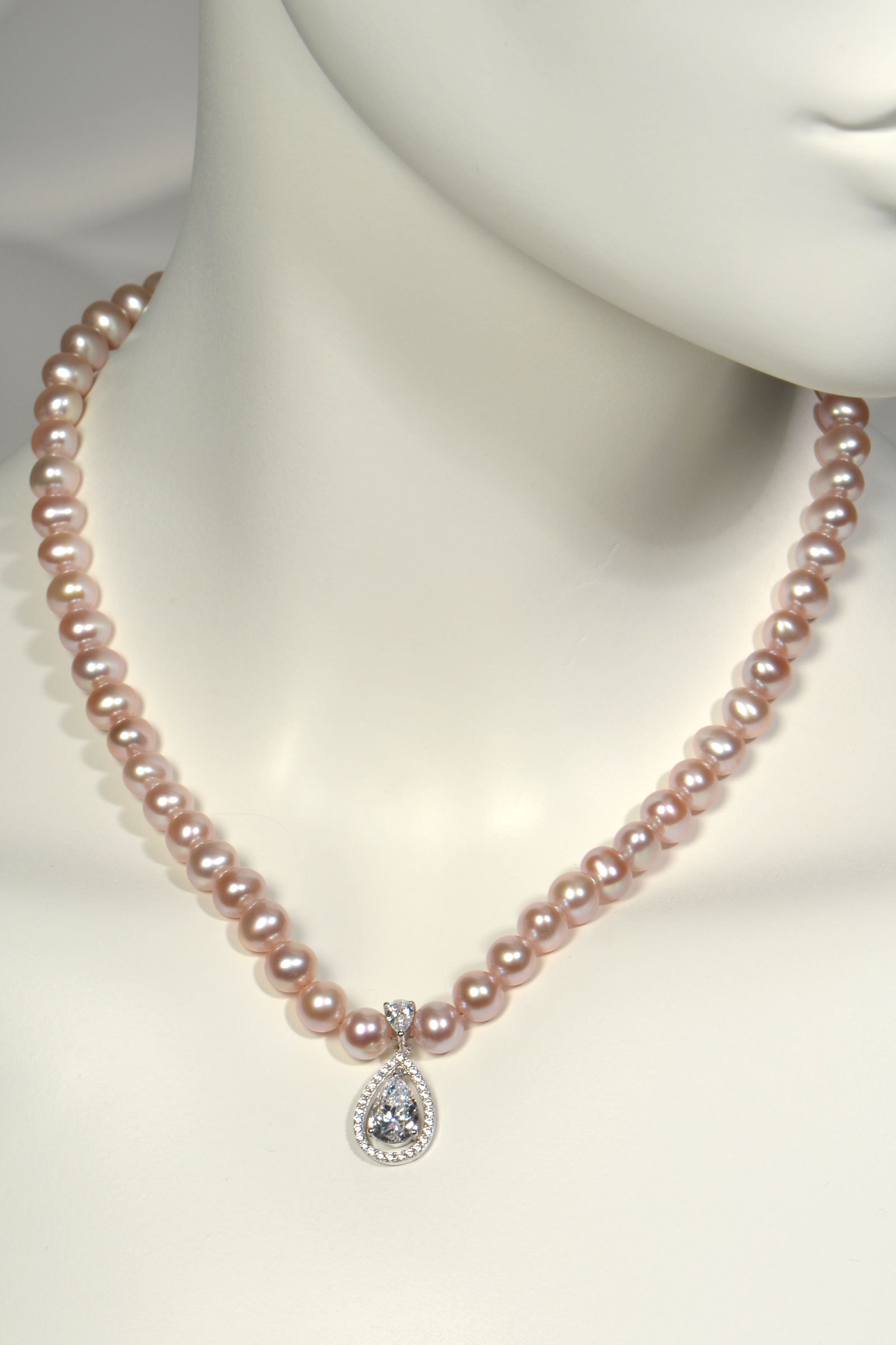 17-inch pink cultured pearl necklace with 8mm pearls and pear-cut cubic zirconia halo pendant in sterling silver