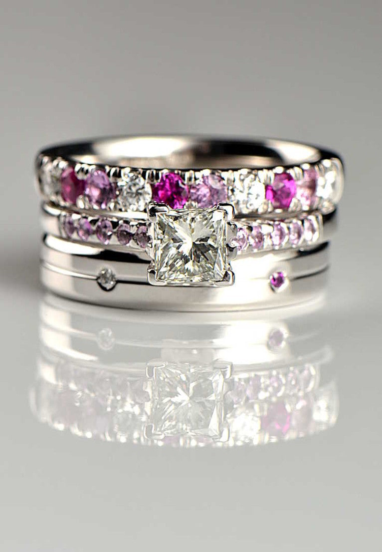 engagement, wedding and eternity ring stack set with diamonds and two shades of pink sapphires - Christine Sadler Unforgettable Jewellery