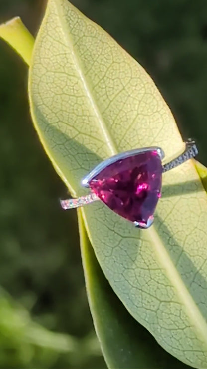Slingshot rubellite and diamond 18ct white gold ring
