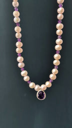 18" Pink Cultured Pearl Necklace with Amethyst Pendant