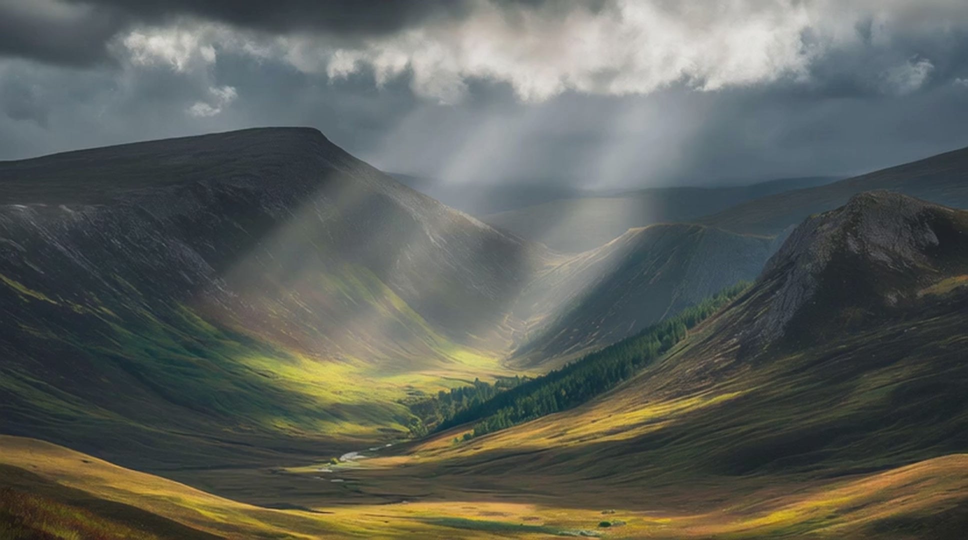 Scottish mountains with sunlight moving across the landscape through the clouds - ai image created by Christine Sadler