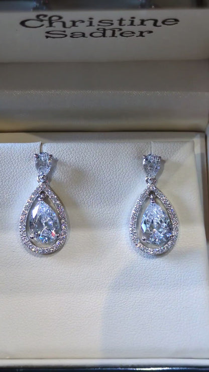 Pear-Cut Cubic Zirconia Halo Drop Earrings in Sterling Silver