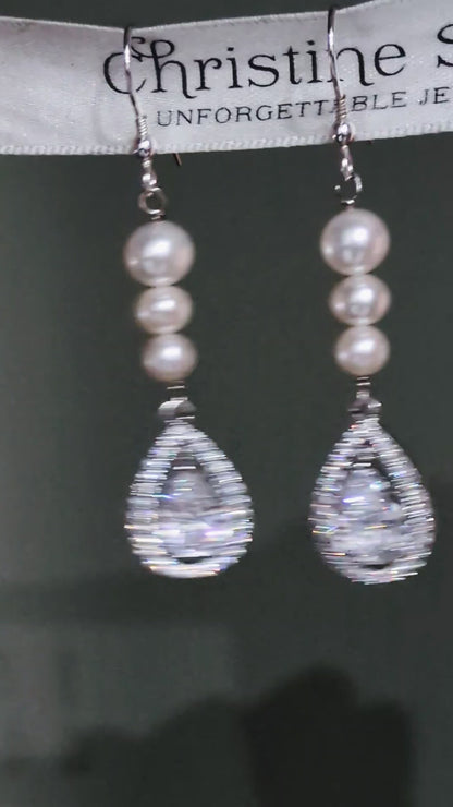 Graduated Cultured Pearl & Silver CZ Halo Drop Earrings – 58mm Long