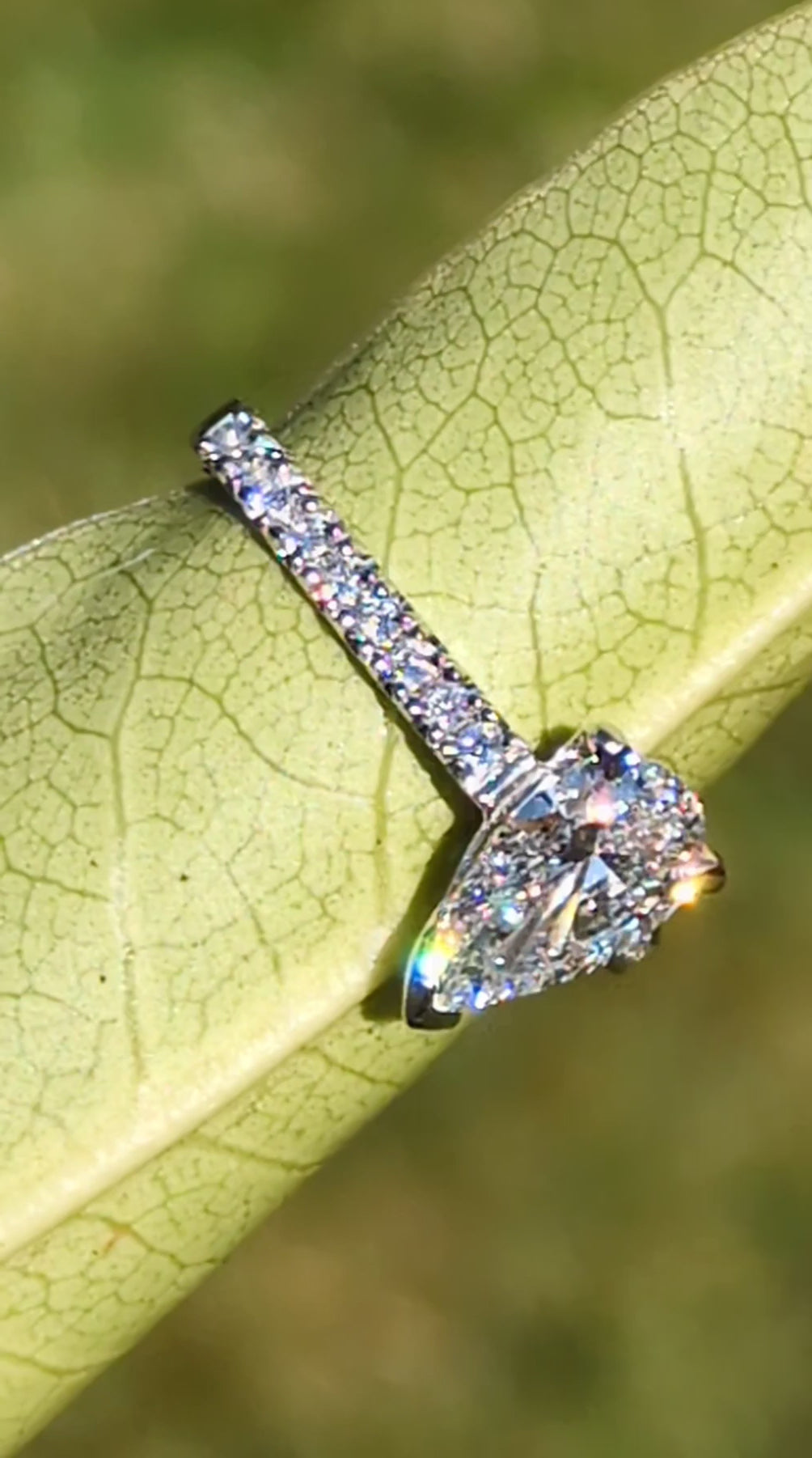 lab grown pear cut diamond in platinum with diamonds in the shoulders