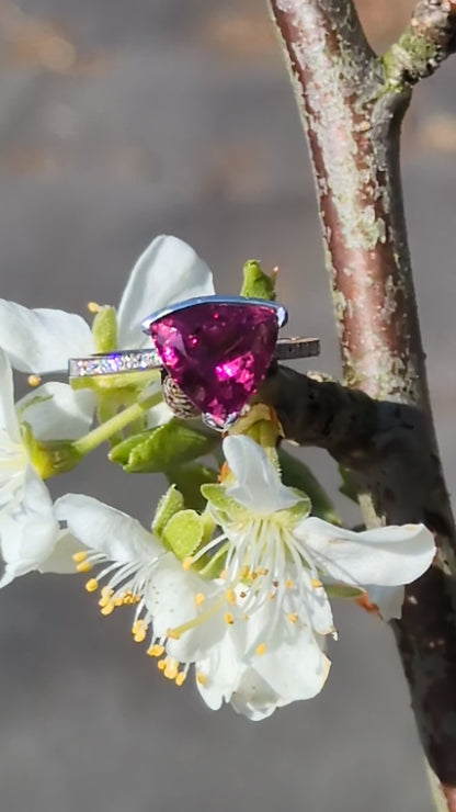 Slingshot rubellite and diamond 18ct white gold ring