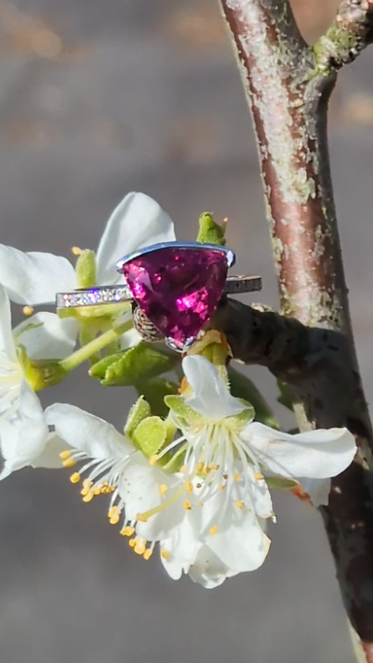 Slingshot rubellite and diamond 18ct white gold ring