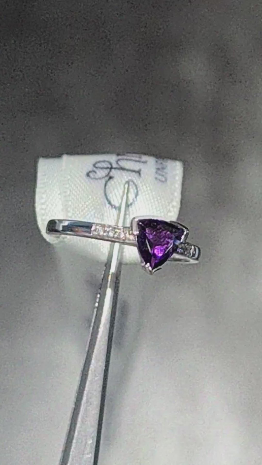 handmade amethyst and diamond 9ct white gold ring with a deep purple trillion cut gemstone - Christine Sadler
