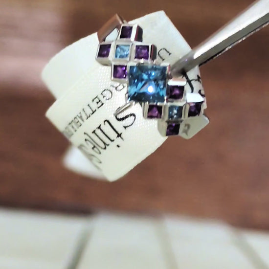 Scottish platinum ring set with Aquamarines and Amethysts in a tartan pattern from jewellery designer Christine Sadler