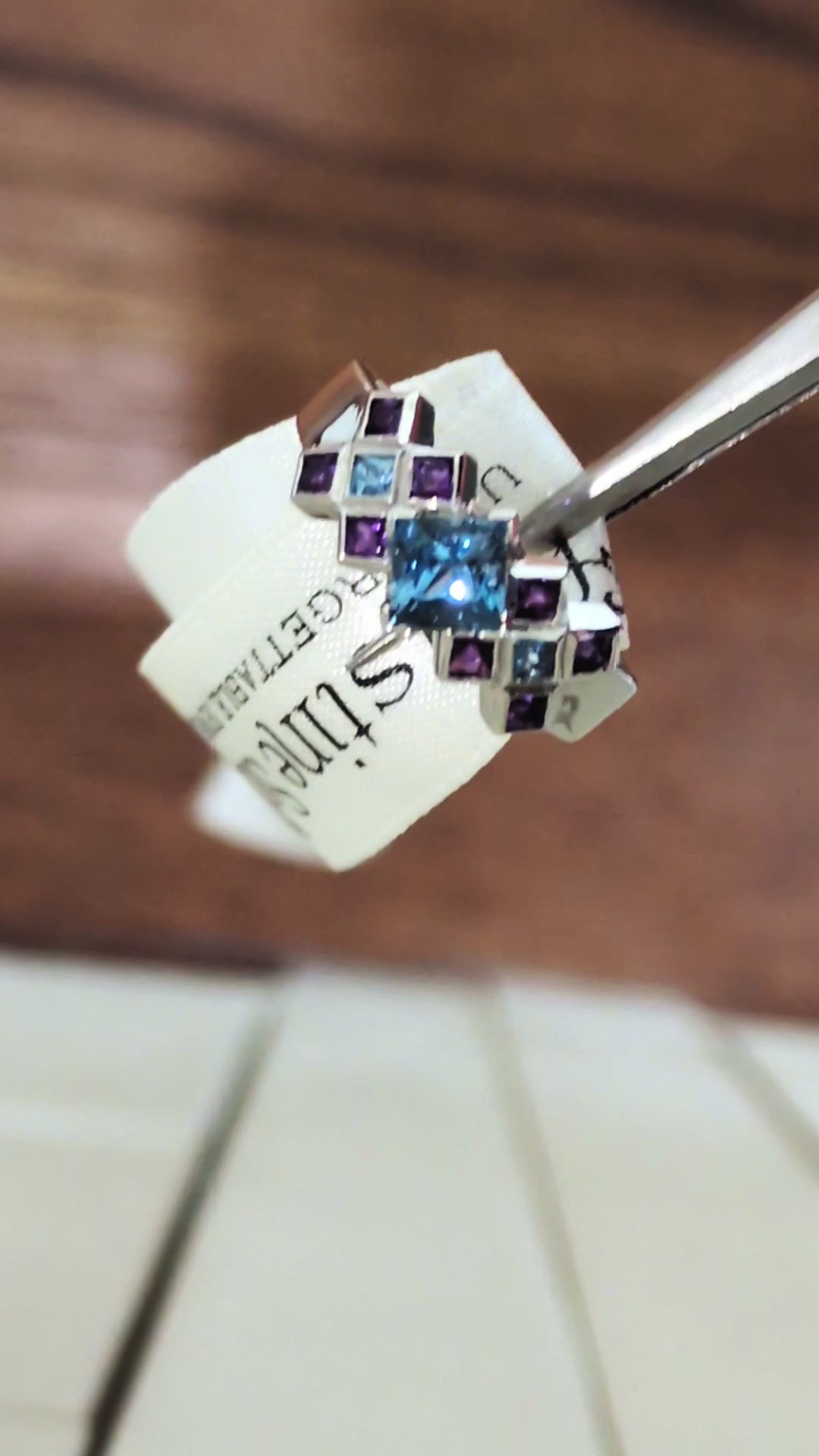 Scottish platinum ring set with Aquamarines and Amethysts in a tartan pattern from jewellery designer Christine Sadler