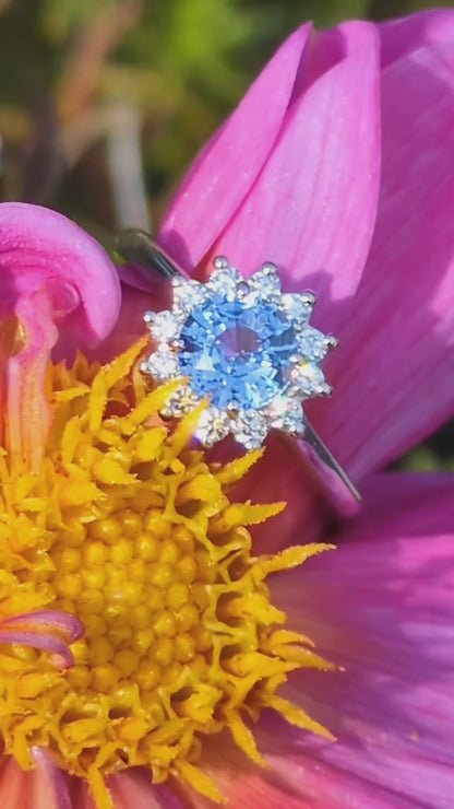 Platinum Sapphire and Diamond Flower Ring – 1ct Round Blue Sapphire with Twelve Brilliant Cut Diamonds