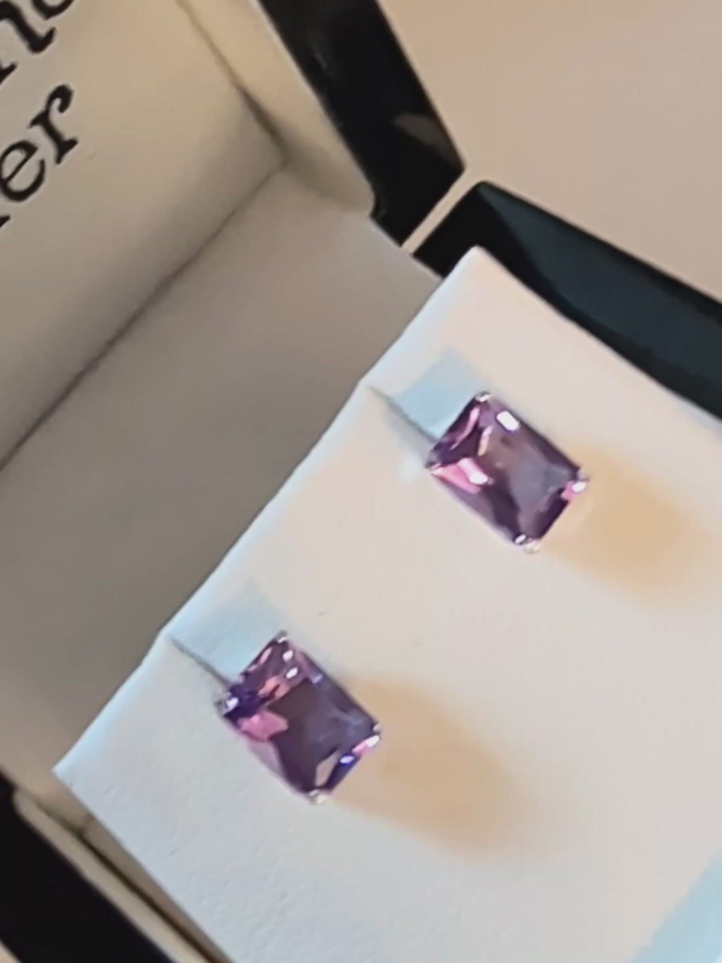 Rectangular Amethyst 9ct white gold stud earrings in a strong purple colour.