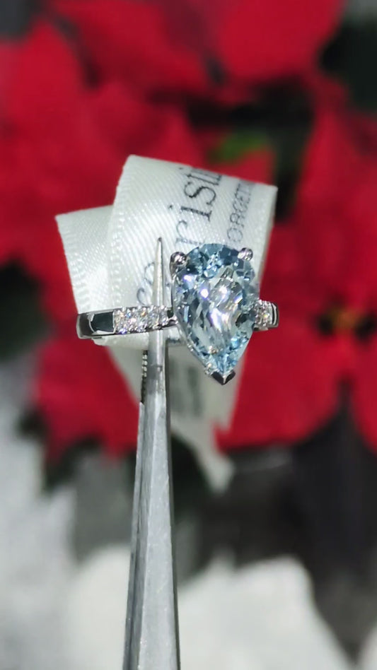 Pear cut aquamarine and diamond platinum ring, one of a kind - Christine Sadler