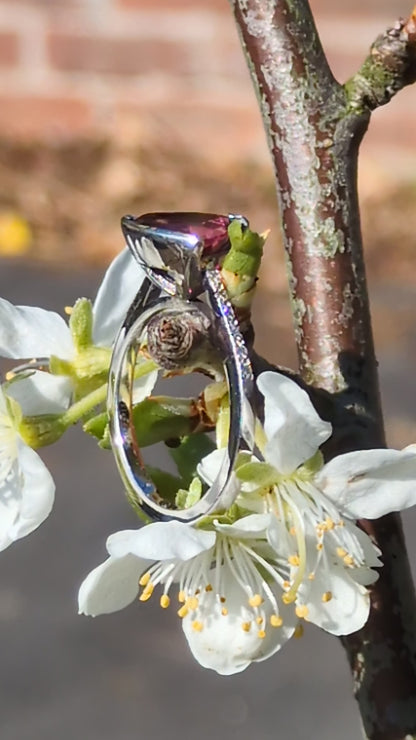 Slingshot rubellite and diamond 18ct white gold ring