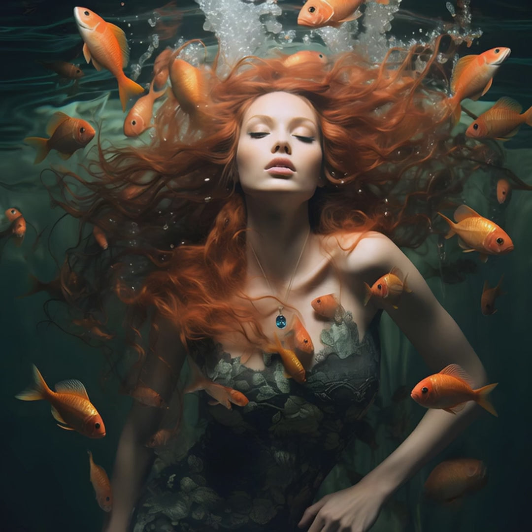 red headed woman underwater surrounded by gold sish wearing a Christine Sadler Fairypools necklace, inspired by the Selkies myth