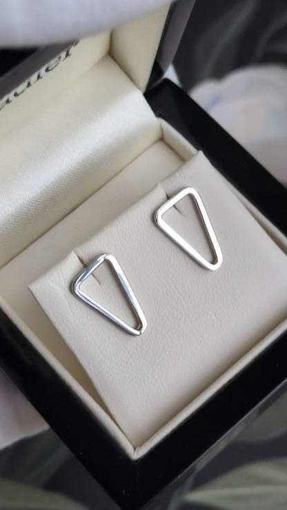 polished silver triangle stud earrings in branded presentation box