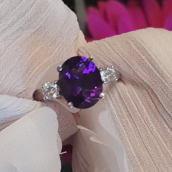 Amethyst and diamond designer platinum ring