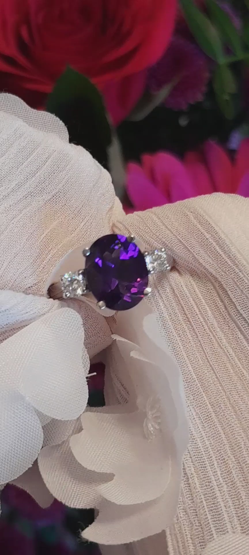 Amethyst and diamond designer platinum ring