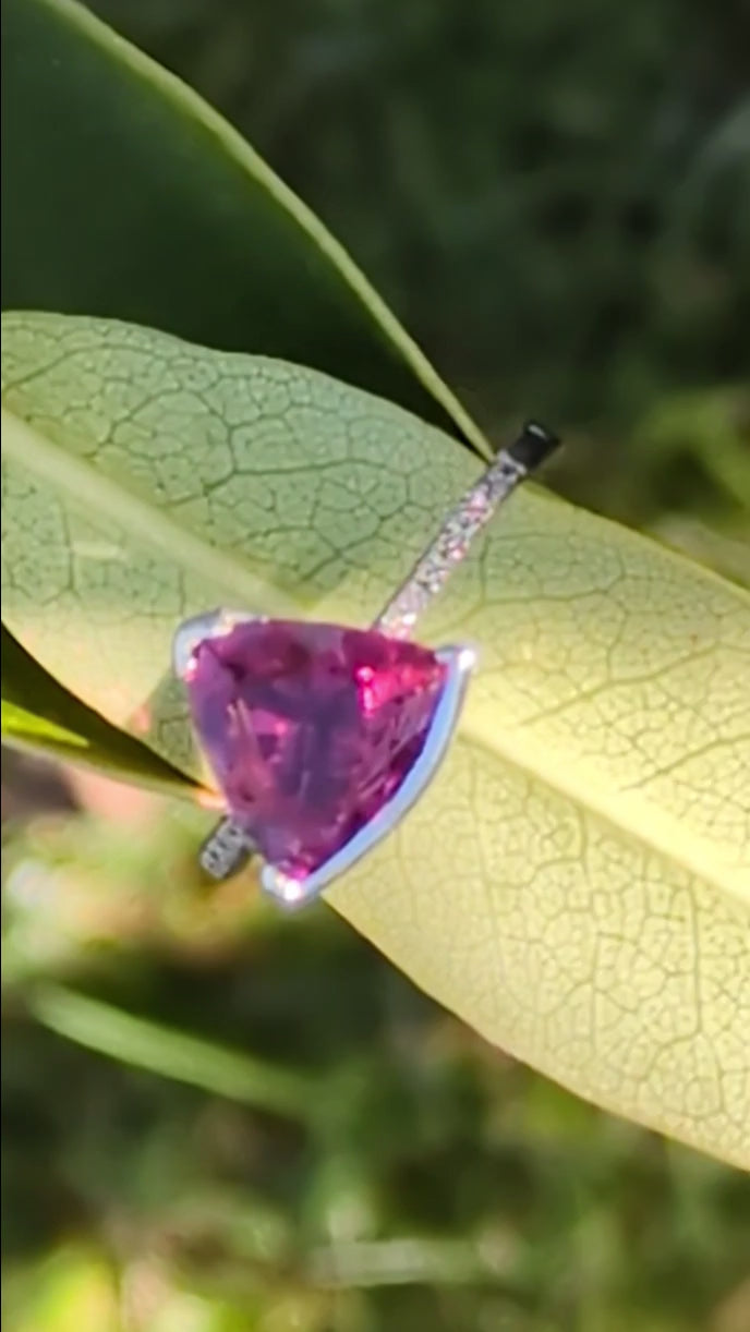 red gemstone rubellite and diamond ring with trillion cut gemstone from the Sailing Stones collection