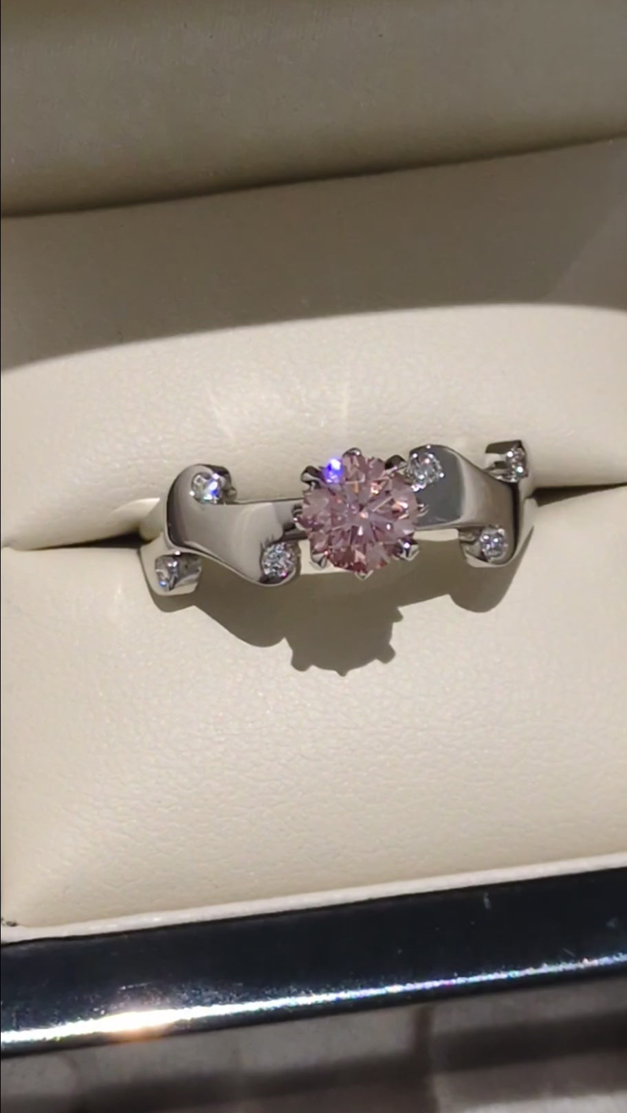 pink lab diamond platinum engagement ring exclusively available from Christine Sadler