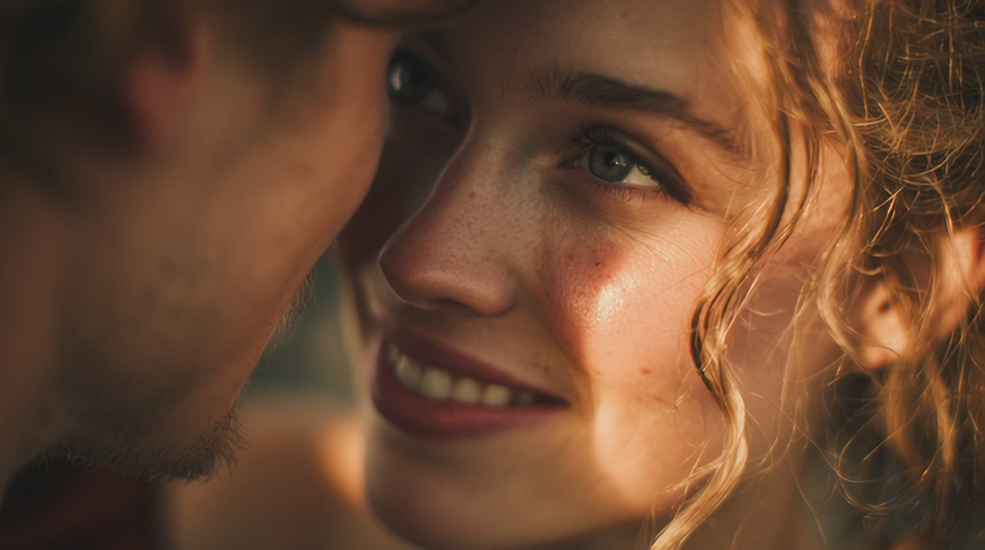 a woman smiling and gazing lovingly into a man's eyes with golden hour light - Christine Sadler 