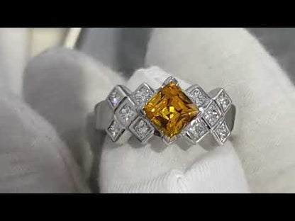 Stunning orange Sapphire and Diamond Scottish engagement ring inspired by Tartan