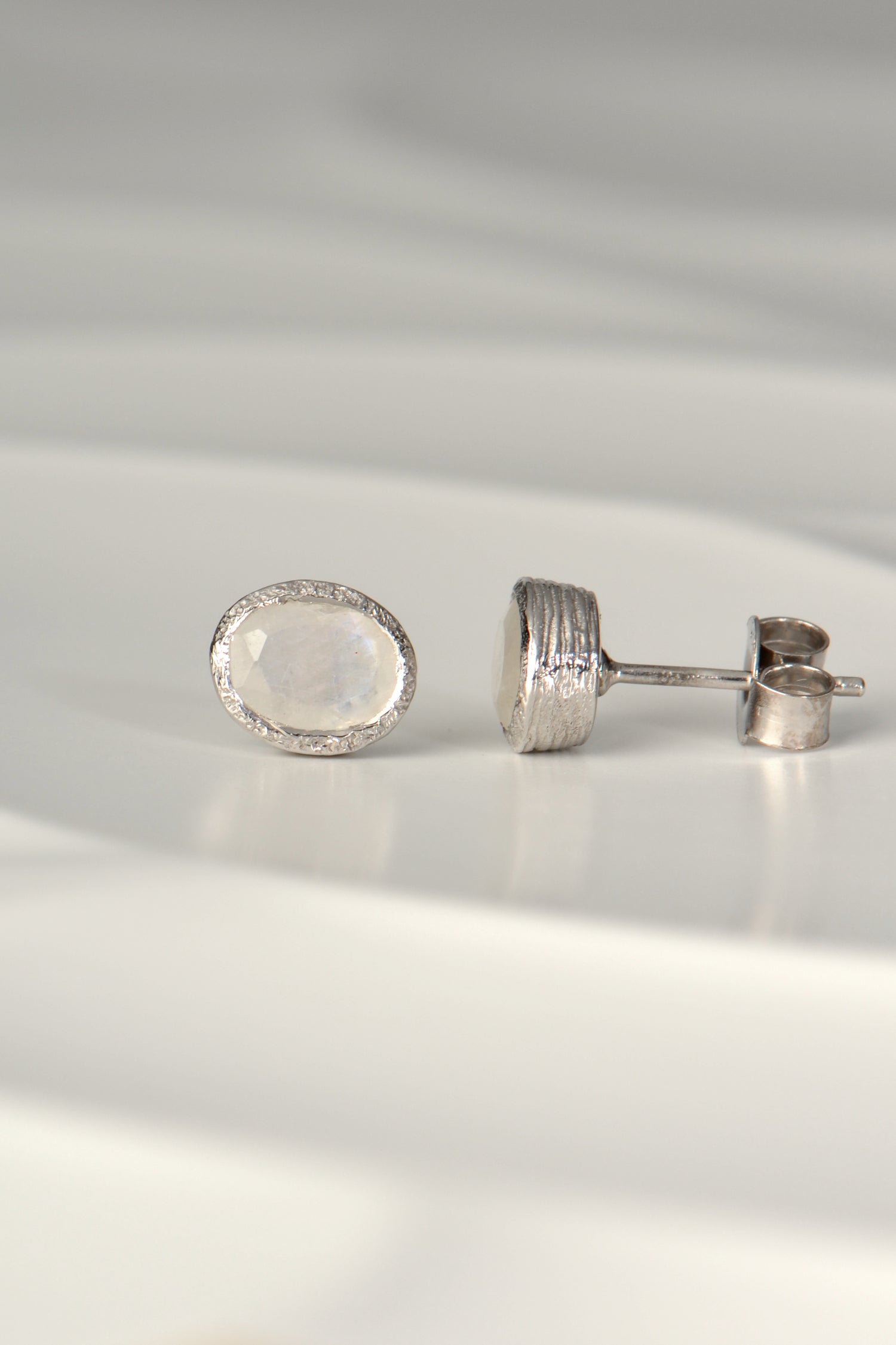 silver designer birthstone earrings Rainbow Moonstone for June