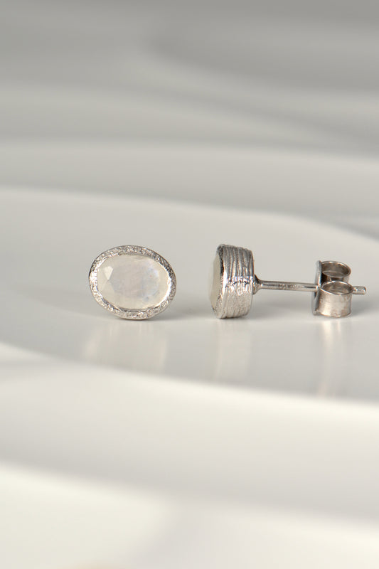 silver designer birthstone earrings Rainbow Moonstone for June
