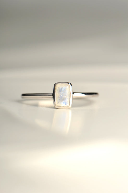 delicate designer stacking silver ring in rainbow moonstone