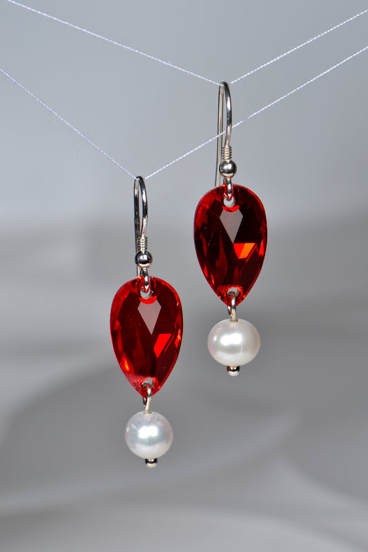 red austrian crystal and pearl earrings in a hot air balloon shape