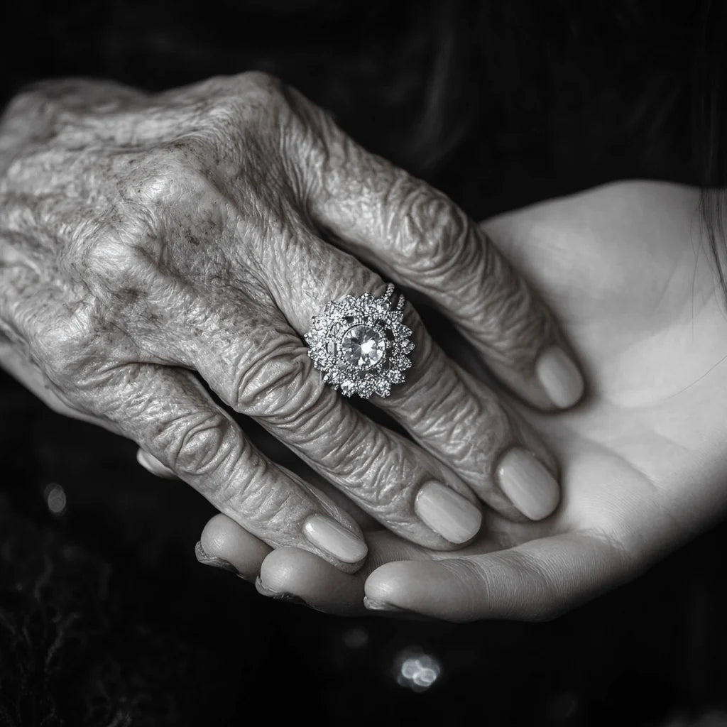 old woman's hand wearing a large cluster diamond ring holding a young woman's hand advertising Christine Sadler's heirloom jewellery repair and remodelling service in Ayr Scotland